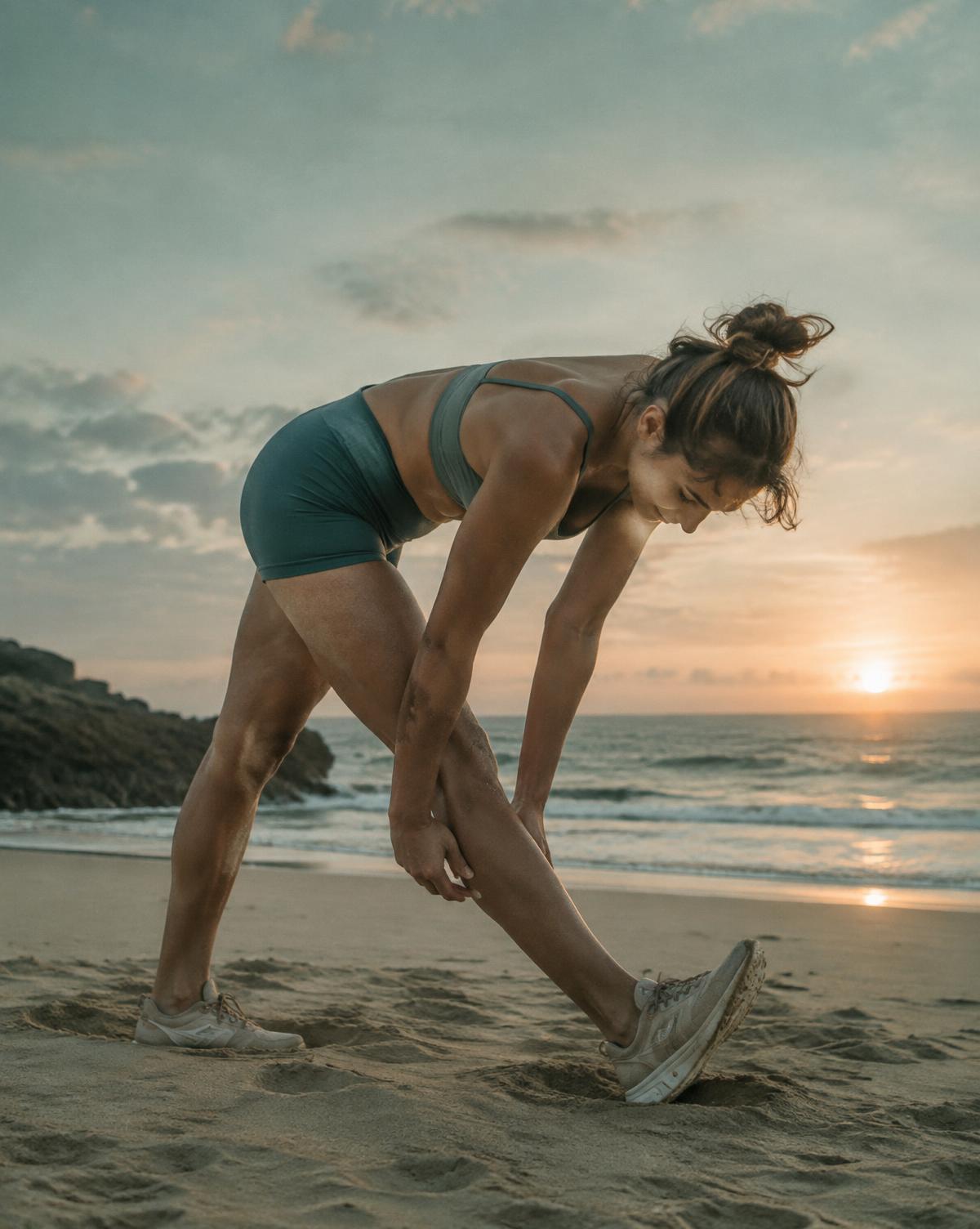 Sportive qui s'étire sur la plage au lever du soleil